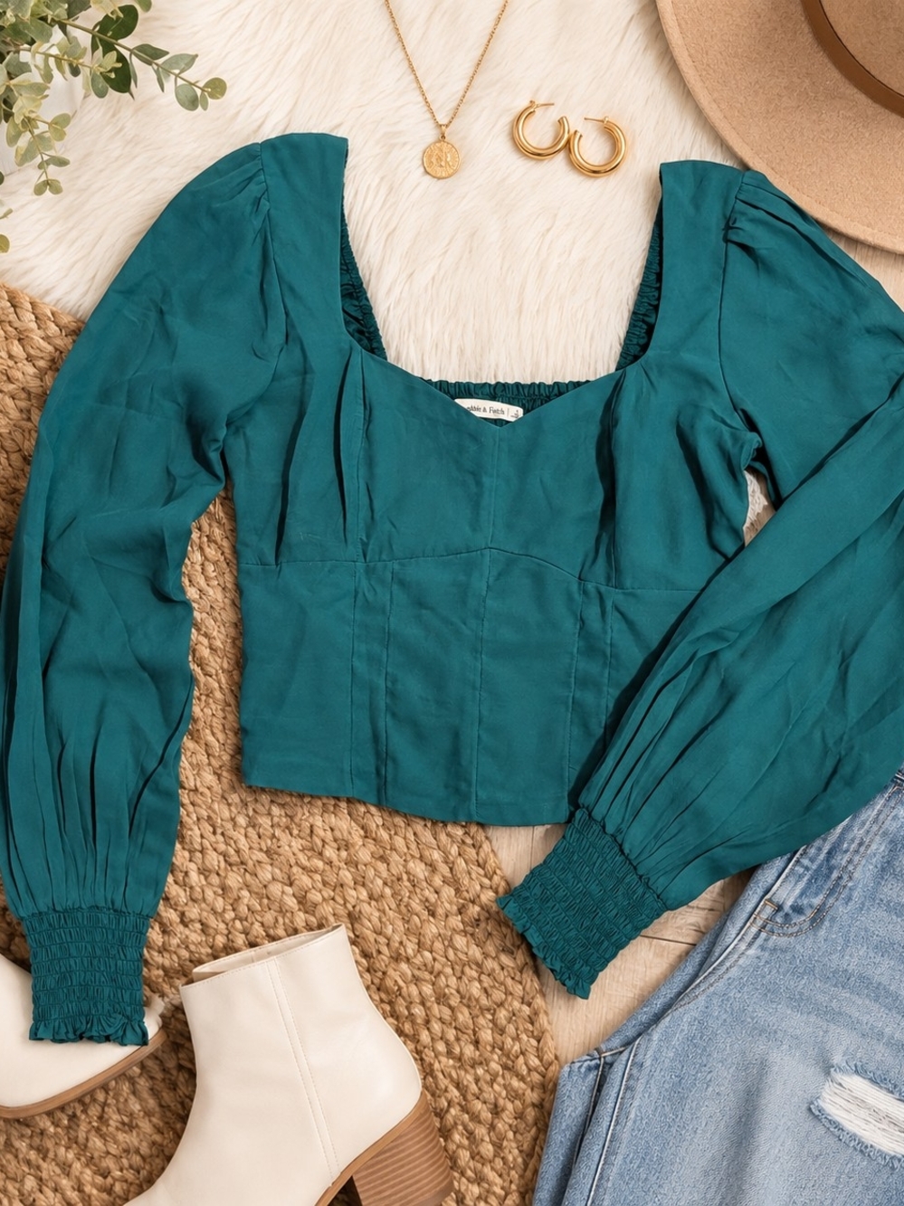 Abercrombie & Fitch Green Long-Sleeve Square Neck Blouse - Women Tops
